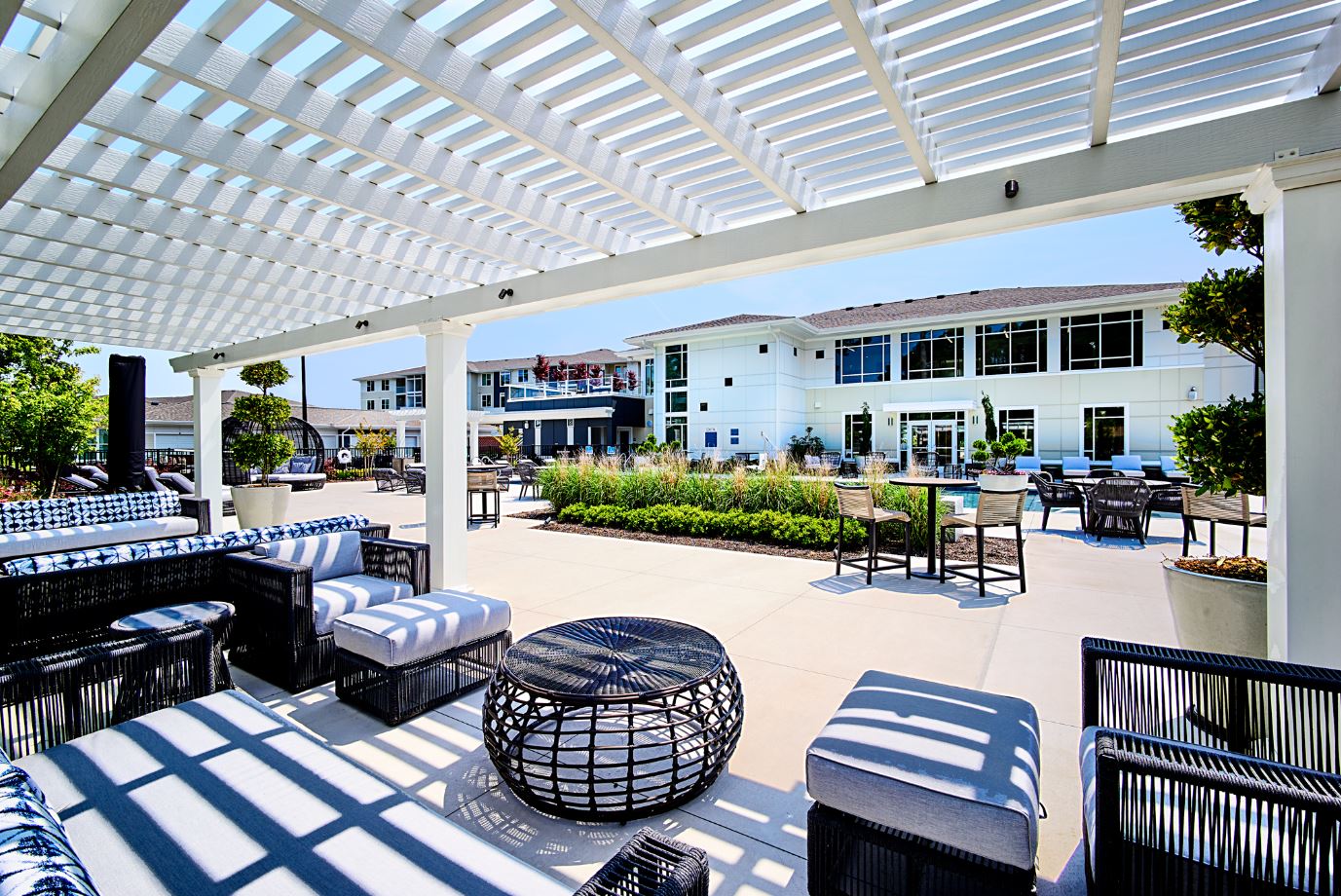 Pool Side Seating and Chilling Area Coastal Pool pergola